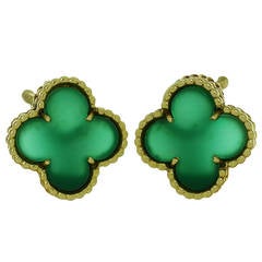 1970s Van Cleef & Arpels Alhambra Green Chalcedony Gold Earrings