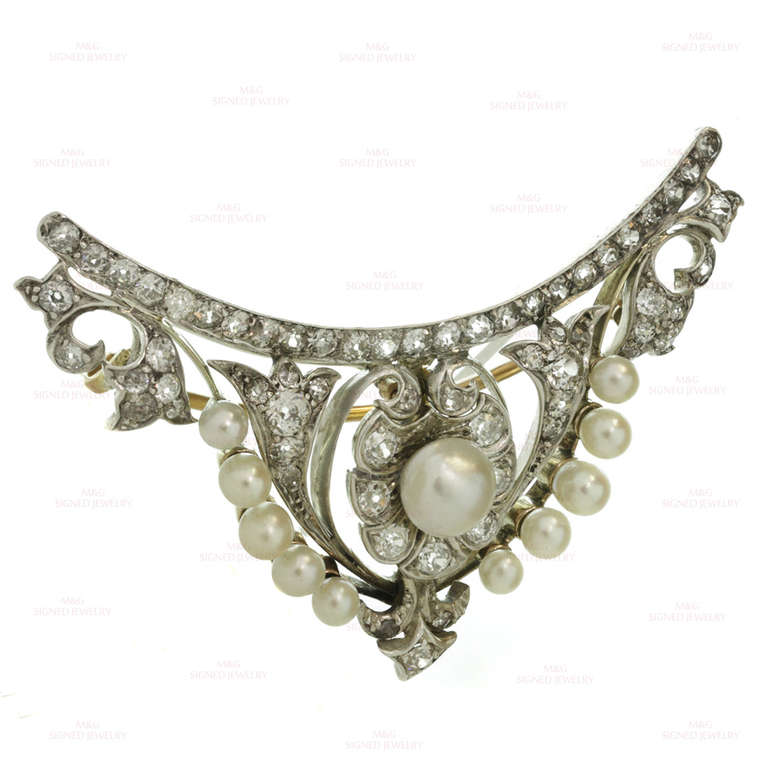 Victorian Natural Pearl Diamond Platinum Tiara Comb Brooch 1