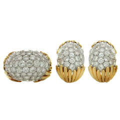1980s TRIO  Diamond Yellow Gold Dome Ring 
Earrings Set