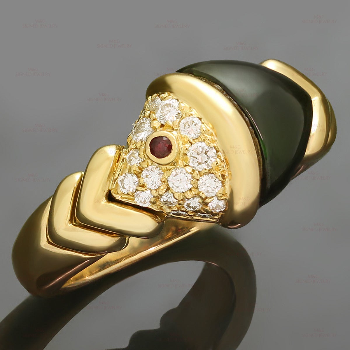 Bulgari Green Tourmaline Ruby Diamond Yellow Gold Ring
