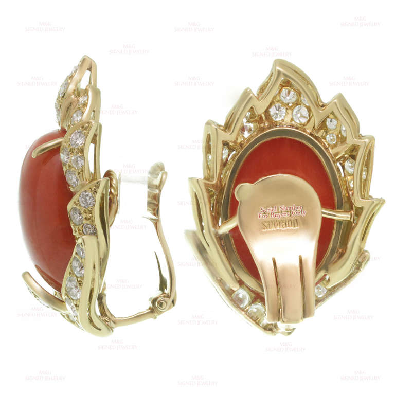 Brilliant Cut Vourakis Natural Oxblood Coral Diamond Yellow Gold Clip-On Earrings For Sale