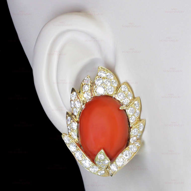 Vourakis Natural Oxblood Coral Diamond Yellow Gold Clip-On Earrings For Sale 1