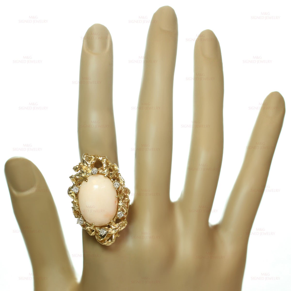 1960s Diamond Pink Angel Skin Coral Yellow Gold Ring 1