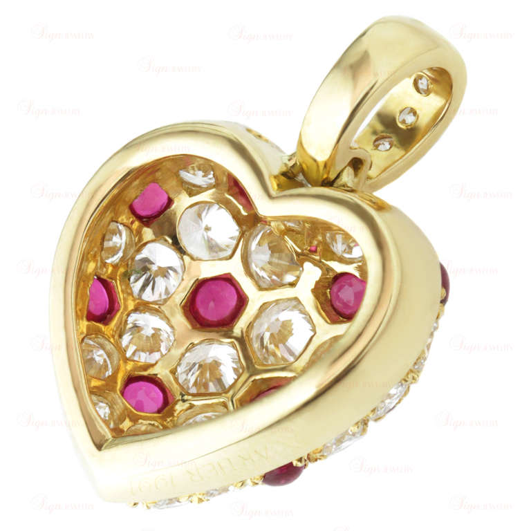 CARTIER Diamond Ruby Yellow Gold Heart Charm Pendant 1