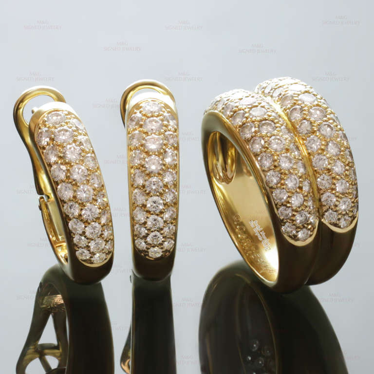 CARTIER Pave Diamond Yellow Gold Earrings & Ring Jewelry Set, Box Papers In Excellent Condition In New York, NY