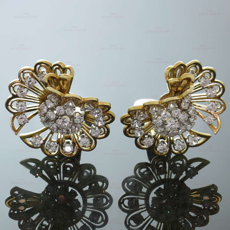 Van Cleef & Arpels Seltene 1940er Jahre Gold-Diamant-Ohrclips-Broschen mit Clip (Brillantschliff)