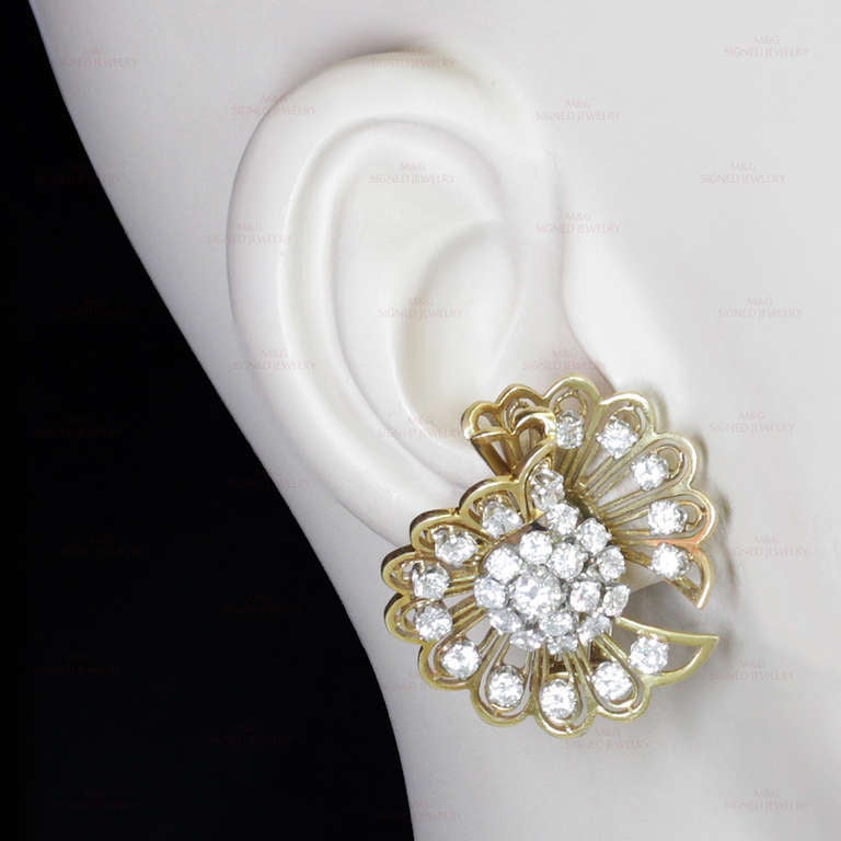 Van Cleef & Arpels Rare 1940s Gold Diamond Clip-On Earrings Brooches 1