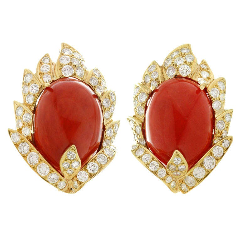 Vourakis Natural Oxblood Coral Diamond Yellow Gold Clip-On Earrings For Sale