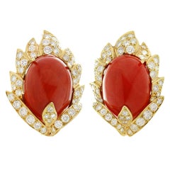 Used Vourakis Natural Oxblood Coral Diamond Yellow Gold Clip-On Earrings