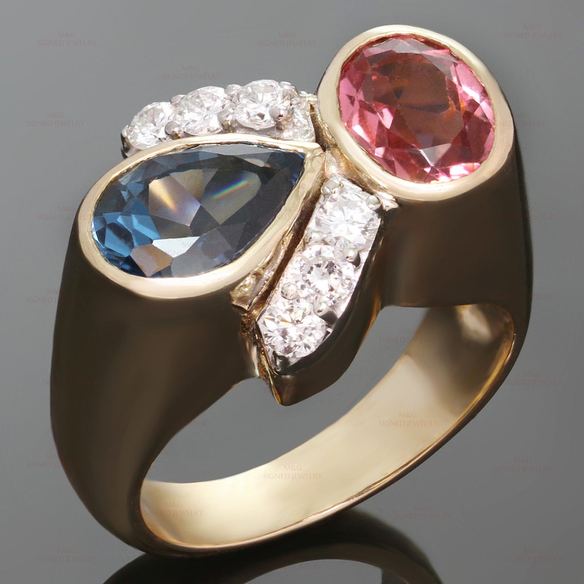 1980s Pink Tourmaline London Blue Topaz Diamond Gold Ring 2