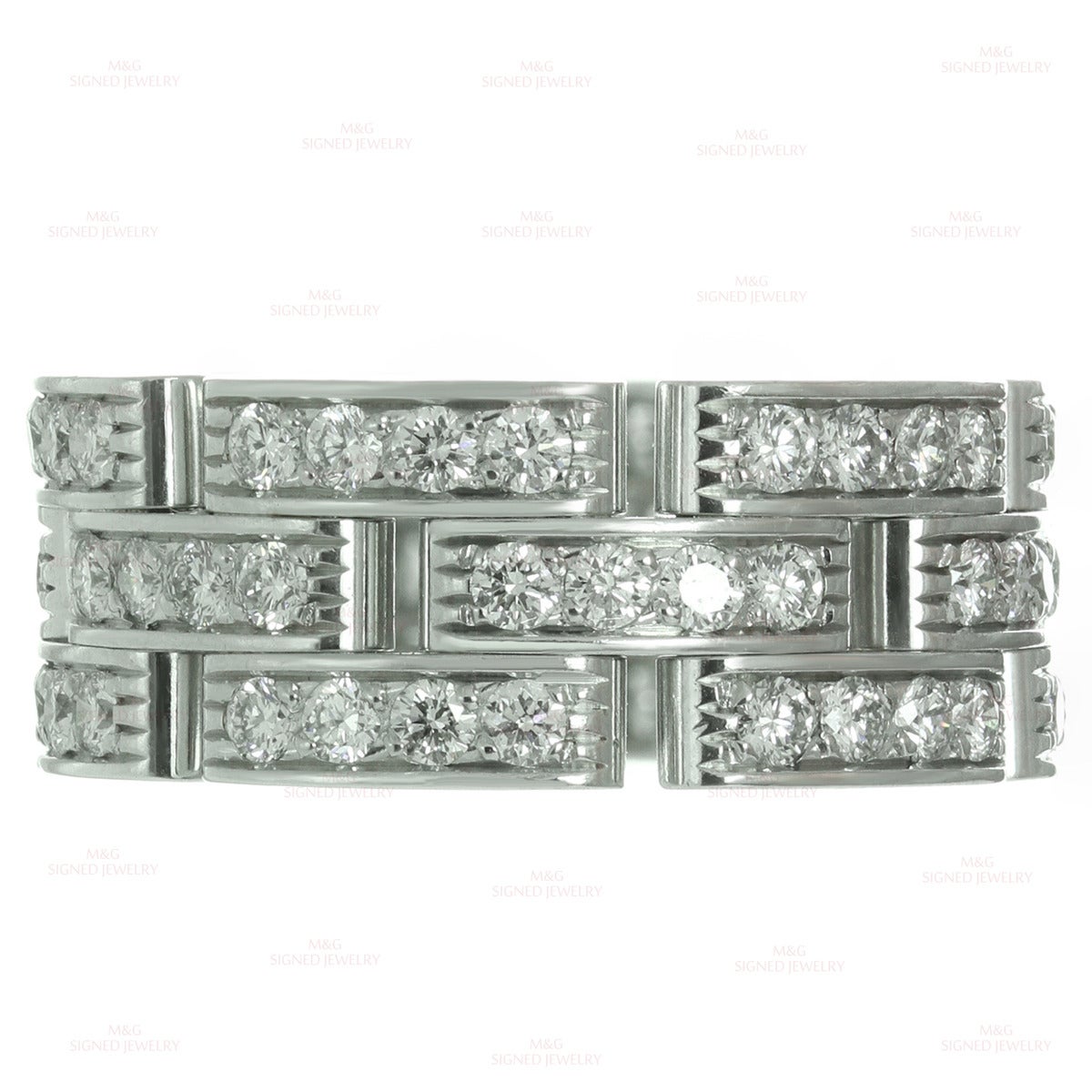 This classic 3-row band ring from Cartier's iconic Maillon Panthere collection features 18k white gold links pave-set with 72 brilliant-cut round E-F VVS1-VVS2 diamonds of an estimated 2.16 carats. Made in France. Measurements: 0.31