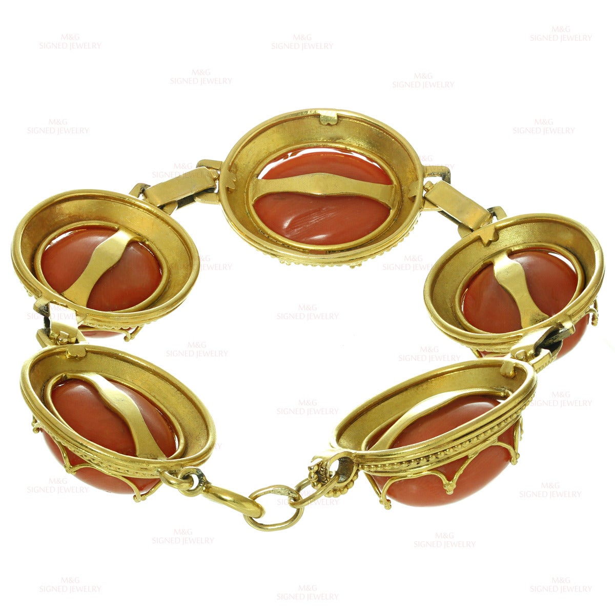 Women's Victorian Natural Red Coral Gold Filigree Link Bracelet