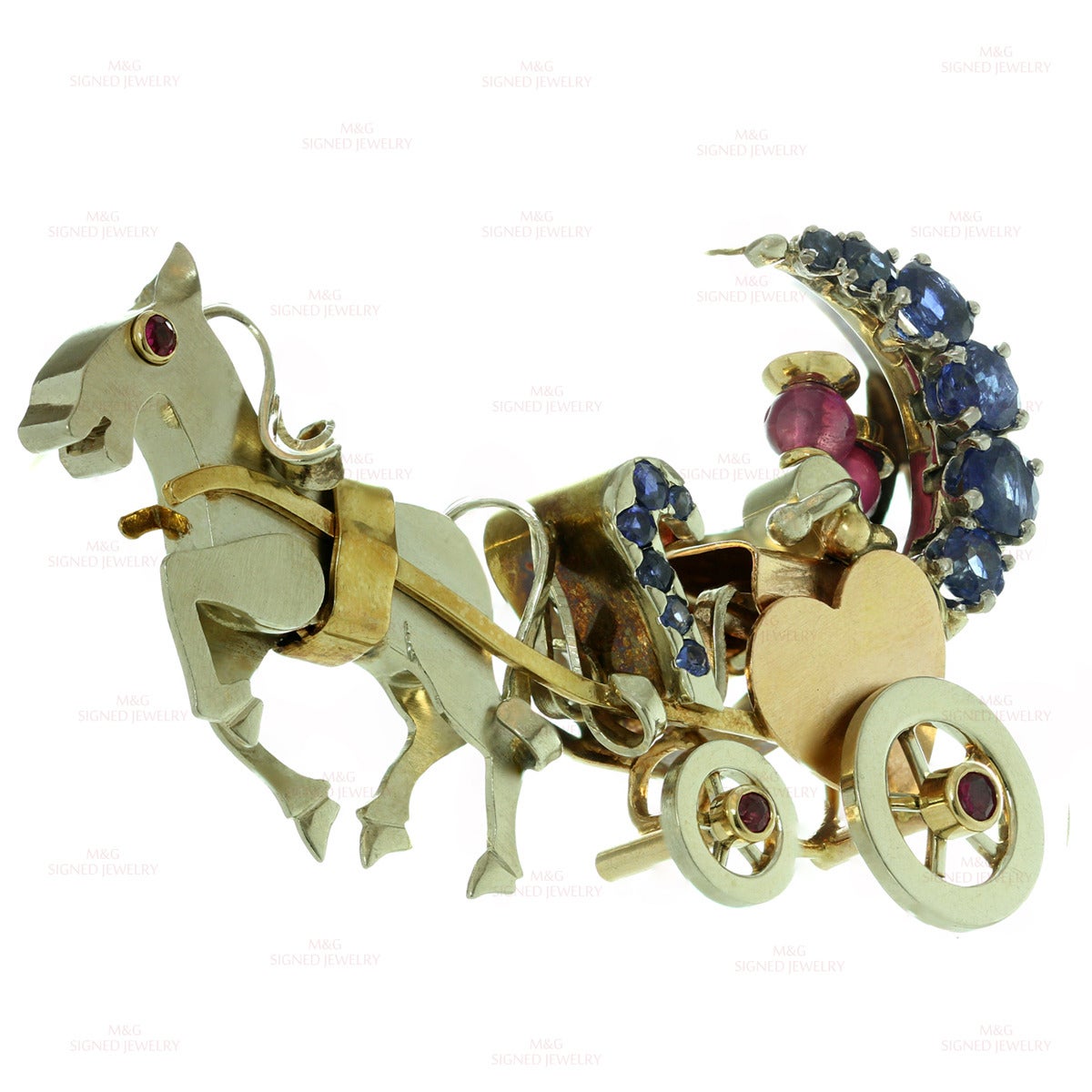 1940s Ruby Sapphire Tri-Color Gold Couple in Movable Horse Carriage Brooch