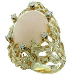 1960s Diamond Pink Angel Skin Coral Yellow Gold Ring