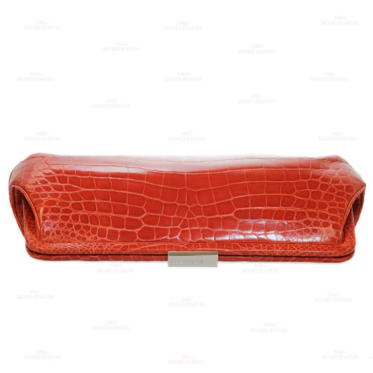 TIFFANY & CO. Holly Coral Red Color Glazed Crocodile Clutch 4