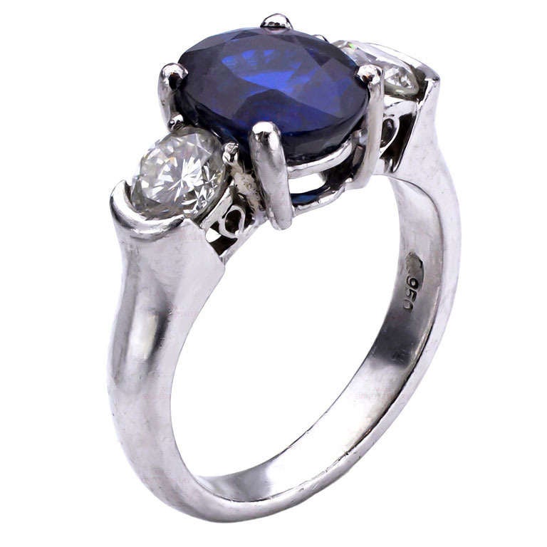 Oval Blue Sapphire Diamond Platinum Ring For Sale