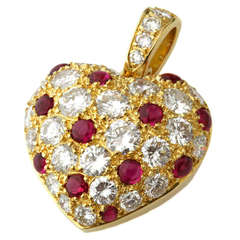 Retro CARTIER Diamond Ruby Yellow Gold Heart Charm Pendant