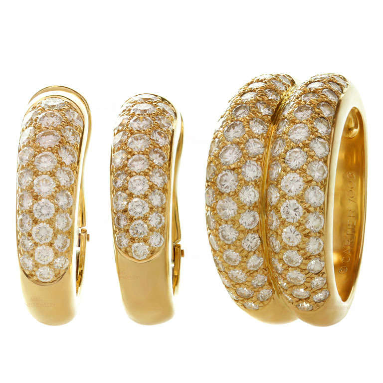CARTIER Pave Diamond Yellow Gold Earrings & Ring Jewelry Set, Box Papers