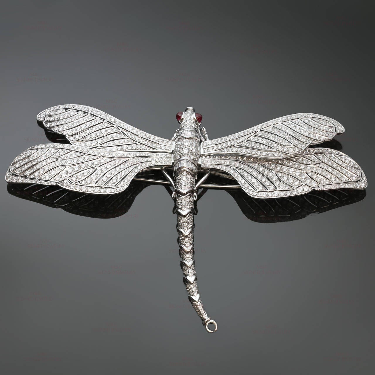 1990s Diamond Ruby Platinum White Gold Large Dragonfly Brooch
