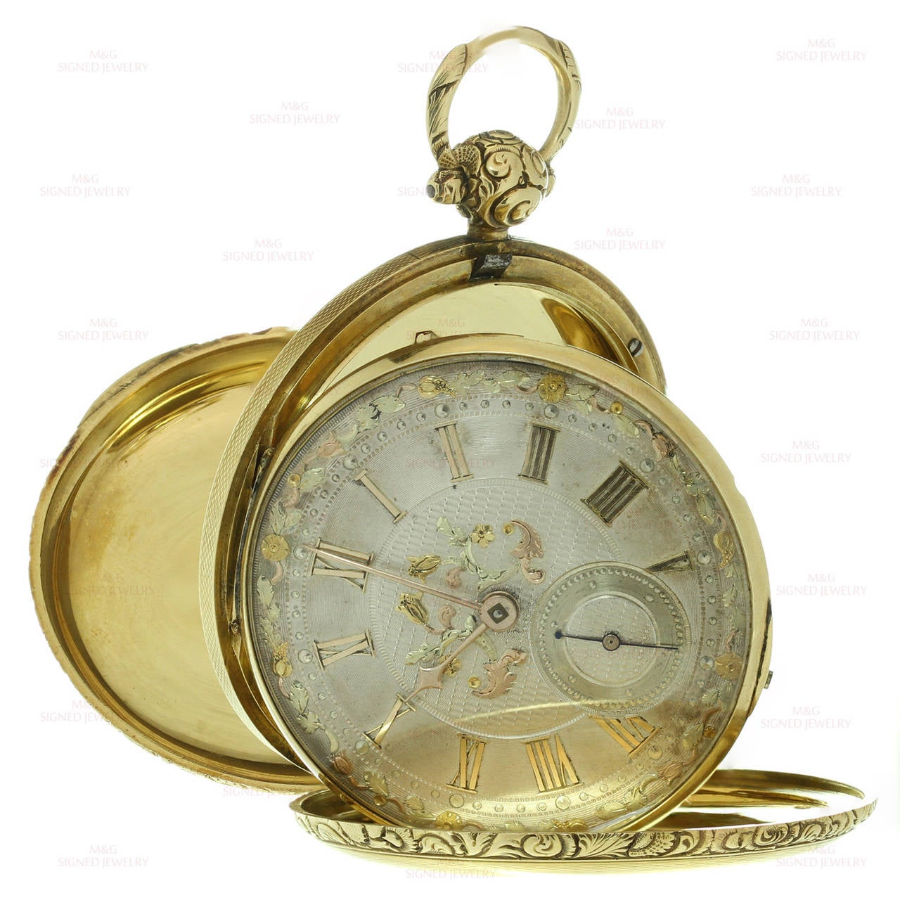 This stunning Victorian pocket watch is made in 18k yellow gold and features elegant hand-crafted filigree work on the case and gorgeous hand-made multi-color gold applications on the dial. Made in United Kingdom circa 1890s by an unknown maker.