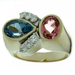 Vintage 1980s Pink Tourmaline London Blue Topaz Diamond Gold Ring