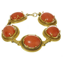 Victorian Natural Red Coral Gold Filigree Link Bracelet