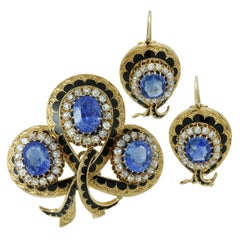 Victorian Enamel Non Heated Sapphire Diamond 18k YG Earrings Pendant- Brooch Set