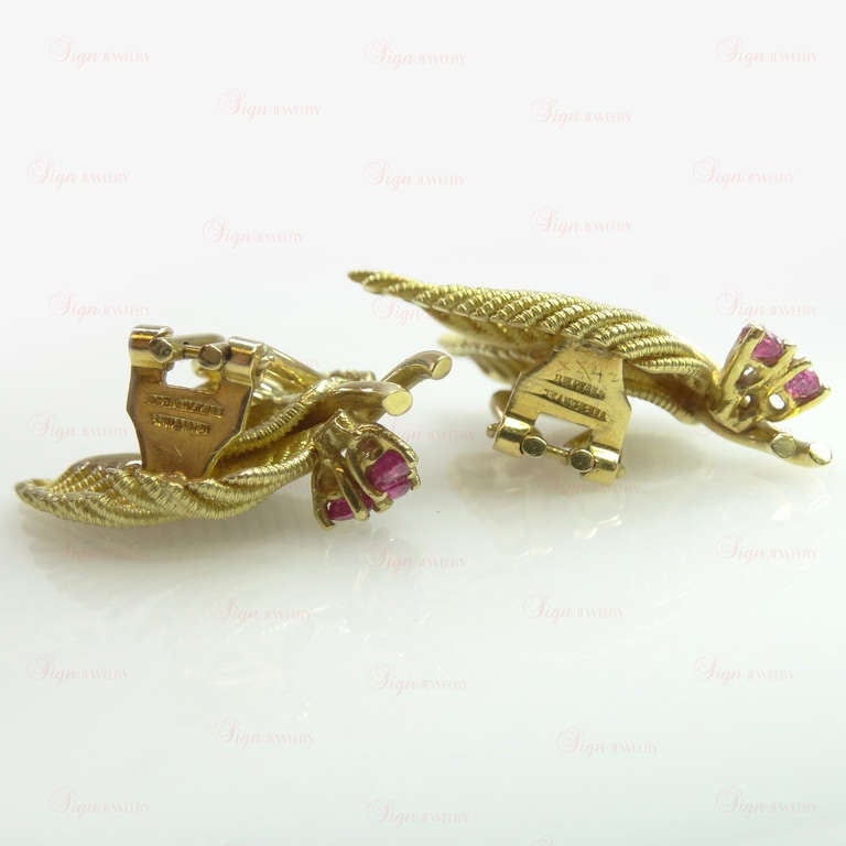 TIFFANY & CO. Ruby Yellow Gold Leaf Brooch & Earrings Set 3