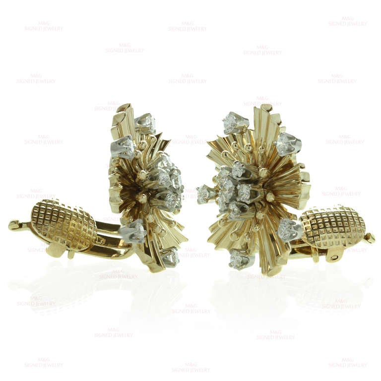 1940s CARTIER Diamond Yellow Gold Starburst Earrings In Excellent Condition In New York, NY