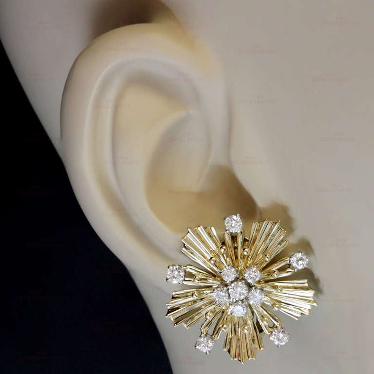 1940s CARTIER Diamond Yellow Gold Starburst Earrings 4
