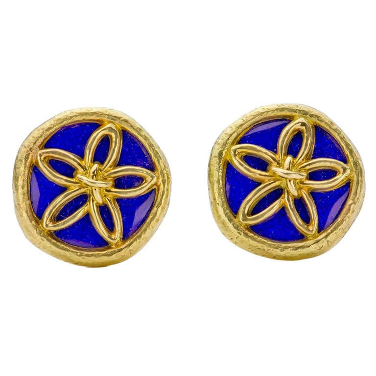 Tiffany & Co. Schlumberger Blue Enamel Gold Clip-On Earrings For Sale