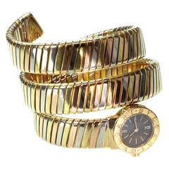 Bulgari Lady's Tri-Tone Gold Tubogas Snake Bangle Bracelet Watch circa 1980s 8