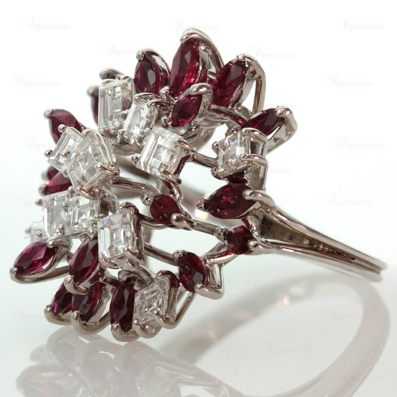 Marquise Cut 1970s Custom-Made Diamond Ruby White Gold Floral Cluster Ring For Sale