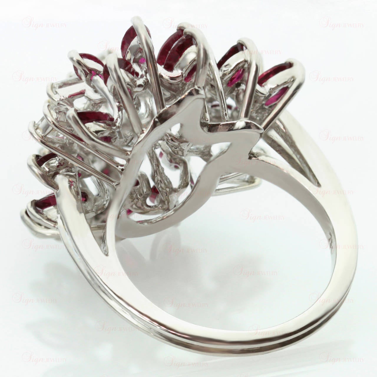 1970s Custom-Made Diamond Ruby White Gold Floral Cluster Ring In Excellent Condition For Sale In New York, NY