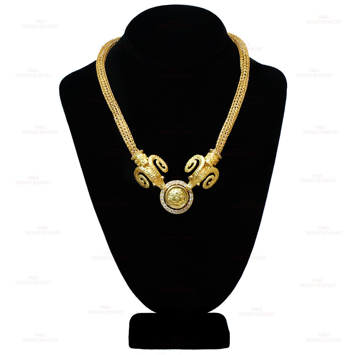 Women's 1990s Greek Diamond Ruby Yellow Gold Greek Coin Ram Necklace