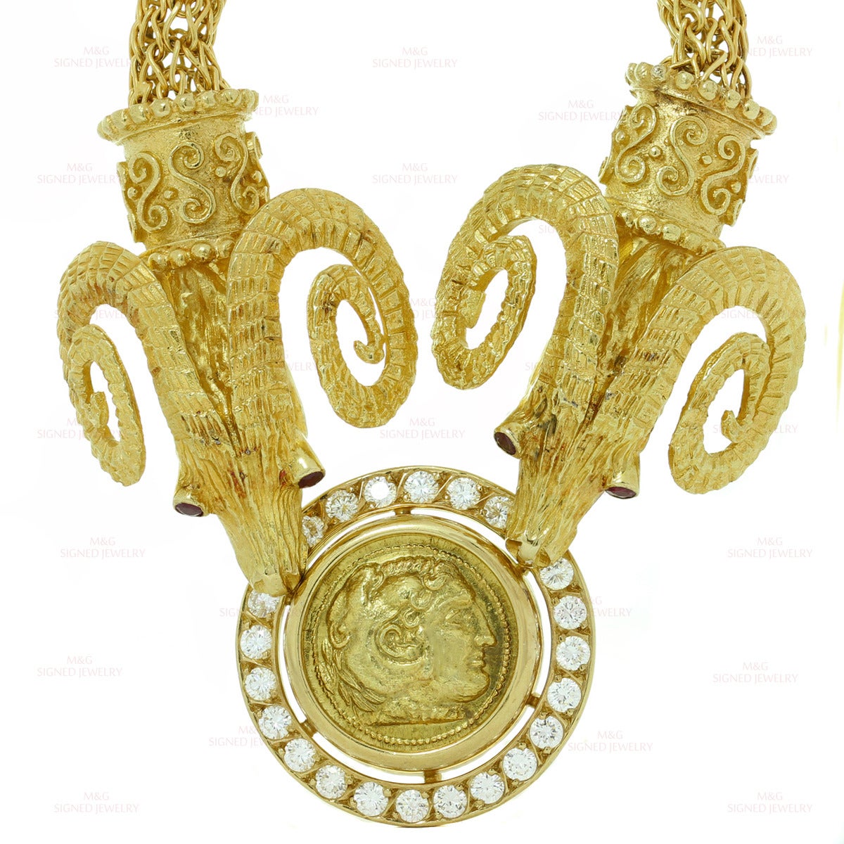1990s Greek Diamond Ruby Yellow Gold Greek Coin Ram Necklace In Good Condition In New York, NY