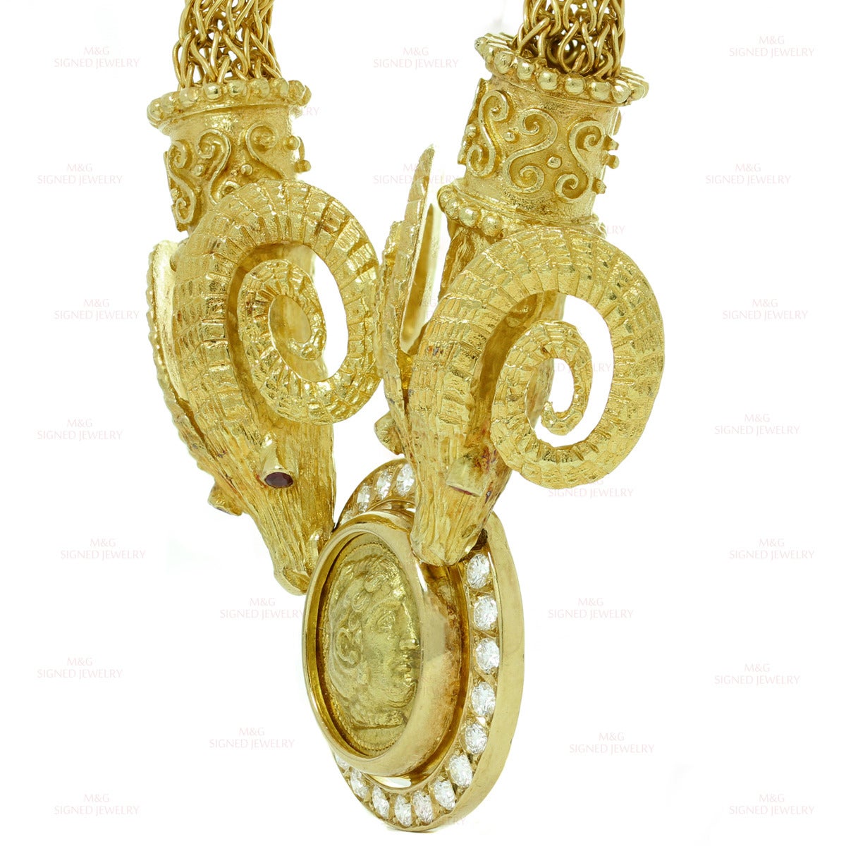 1990s Greek Diamond Ruby Yellow Gold Greek Coin Ram Necklace 1