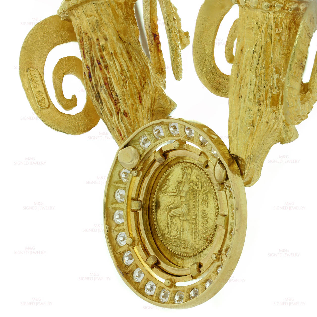 1990s Greek Diamond Ruby Yellow Gold Greek Coin Ram Necklace 2
