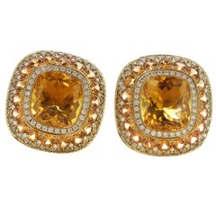 Diamond Orange Sapphire Citrine Yellow Gold Earrings