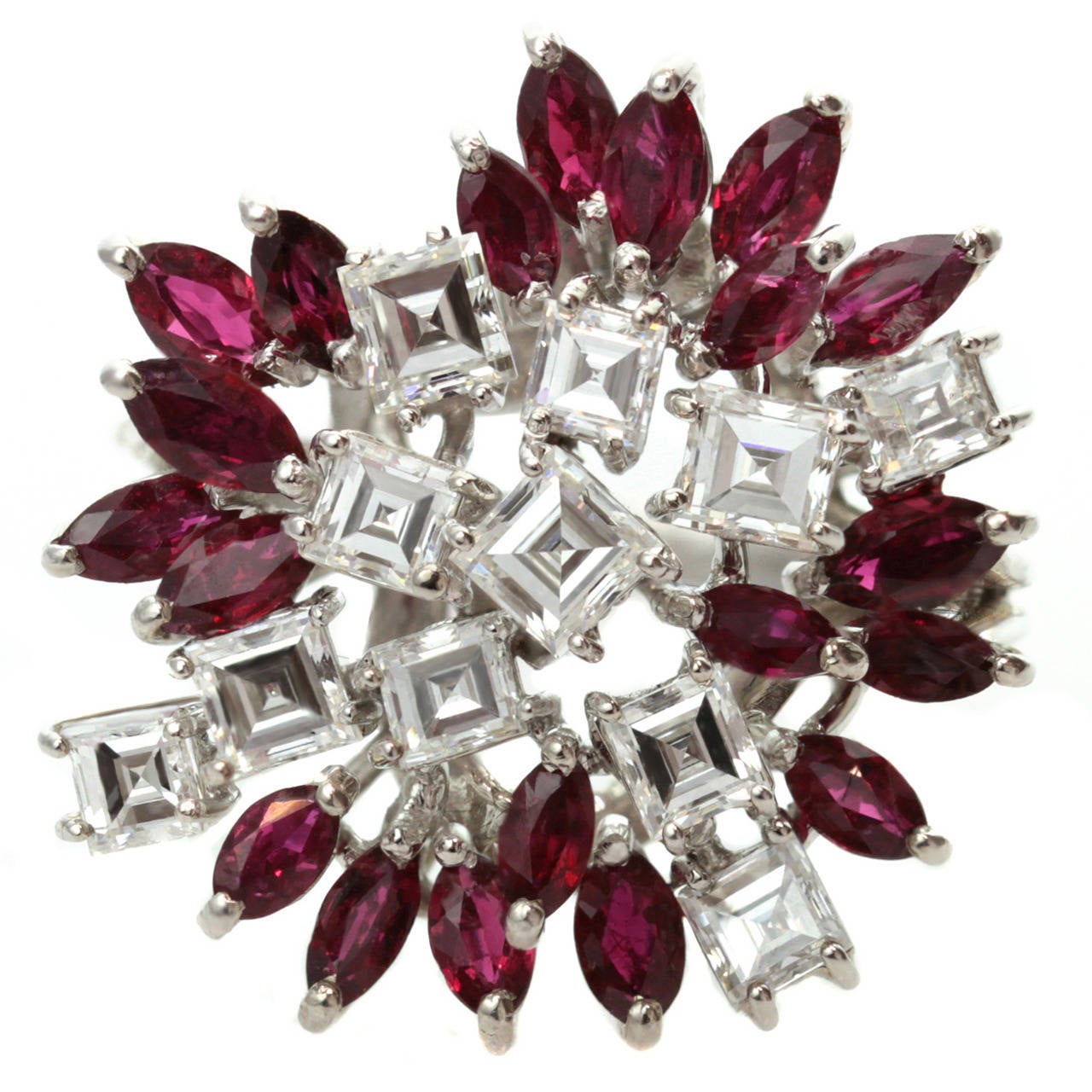 1970s Custom-Made Diamond Ruby White Gold Floral Cluster Ring For Sale