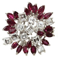 1970s Custom-Made Diamond Ruby White Gold Floral Cluster Ring