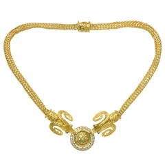 1990s Greek Diamond Ruby Yellow Gold Greek Coin Ram Necklace