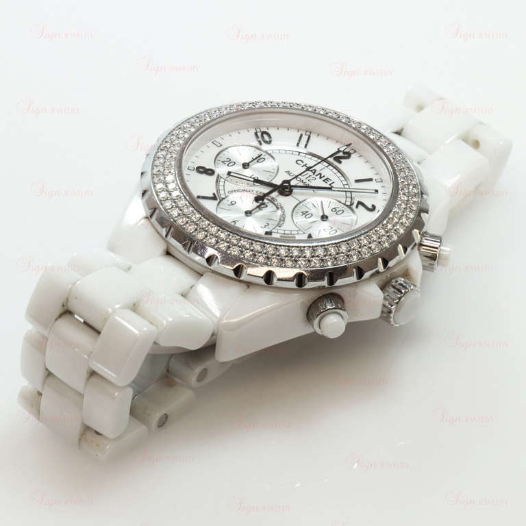 Chanel Lady's Ceramic and Diamond J12 Automatic Chronograph Wristwatch In Excellent Condition In New York, NY