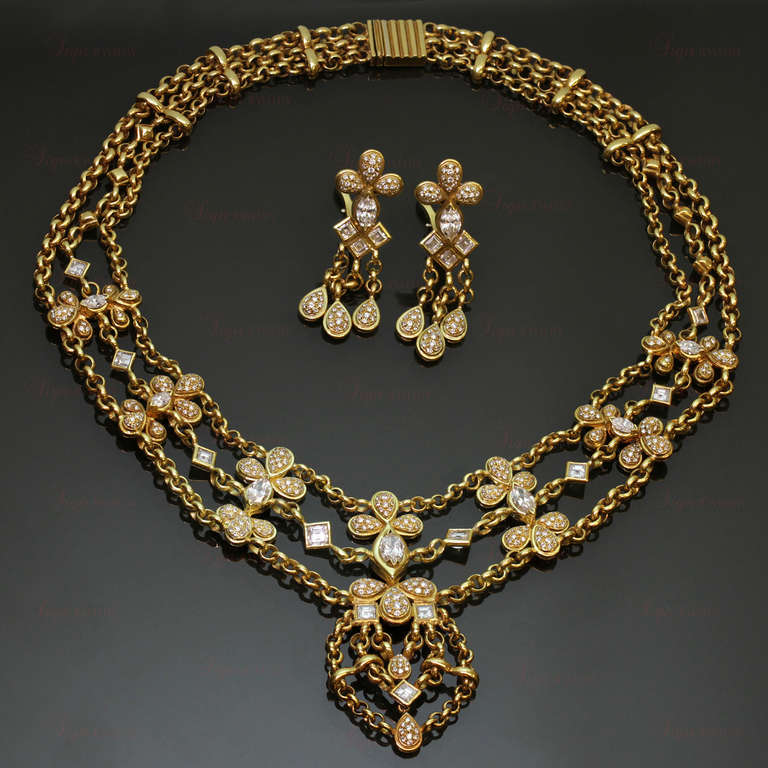 2000s CHATILA Yellow Gold Diamond Evening Necklace and Earrings Set For
