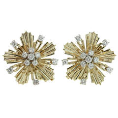 1940s CARTIER Diamond Yellow Gold Starburst Earrings