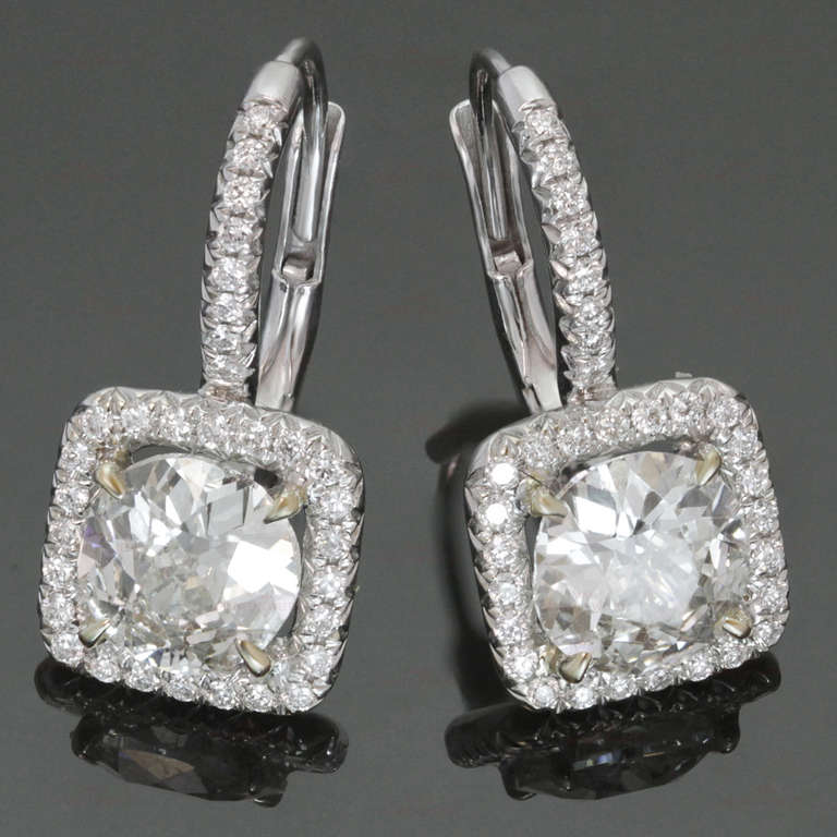 Women's Fabulous 2010s Old-Mine Cushion-Cut Diamond White Gold Drop Earrings