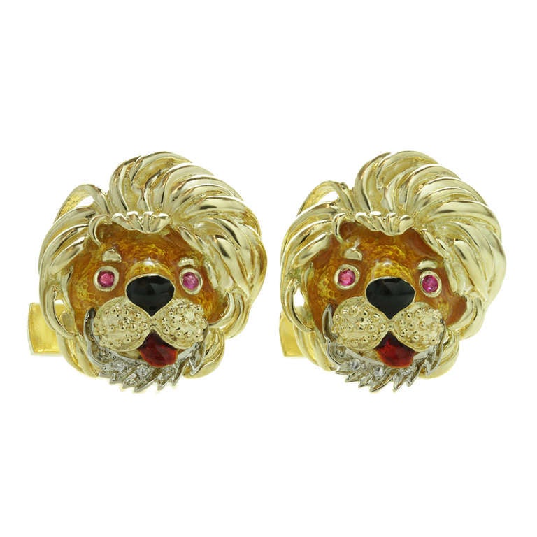 1970s Diamond Ruby Enamel Yellow Gold Lion Head Cufflinks