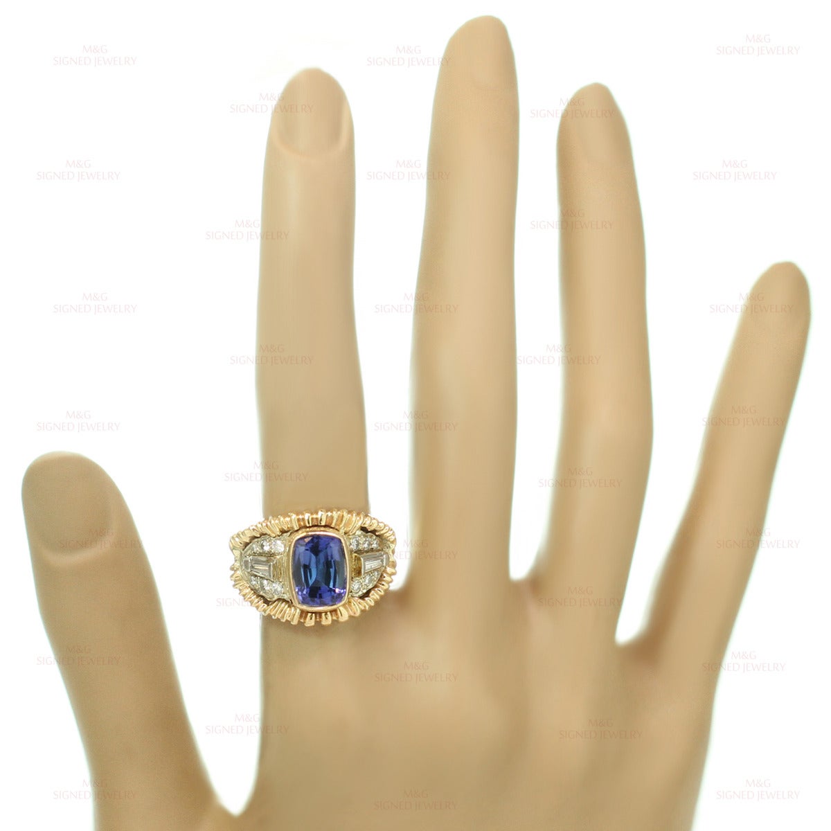 Baguette Cut 1990s Royal Blue Tanzanite Diamond Yellow White Gold Ring For Sale