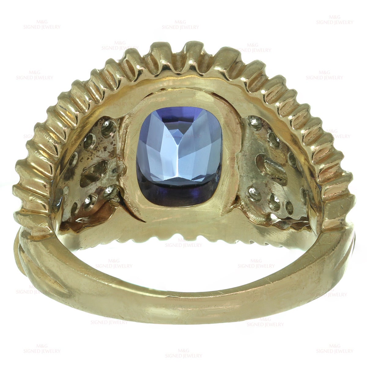 Women's 1990s Royal Blue Tanzanite Diamond Yellow White Gold Ring For Sale