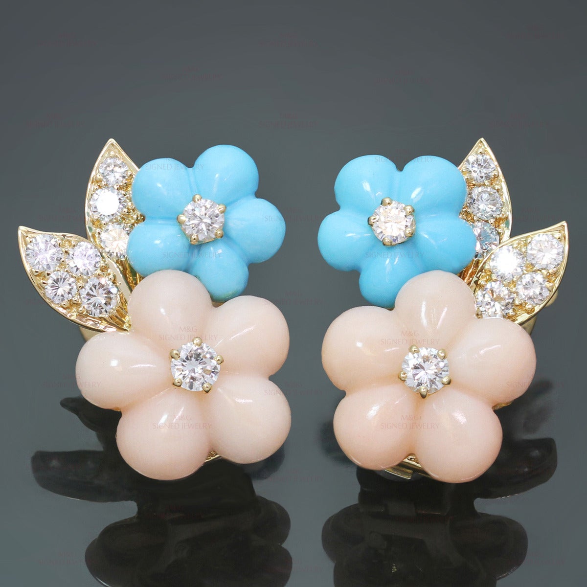 Women's 1990s Van Cleef & Arpels Turquoise Coral Diamond Gold Flower Earrings